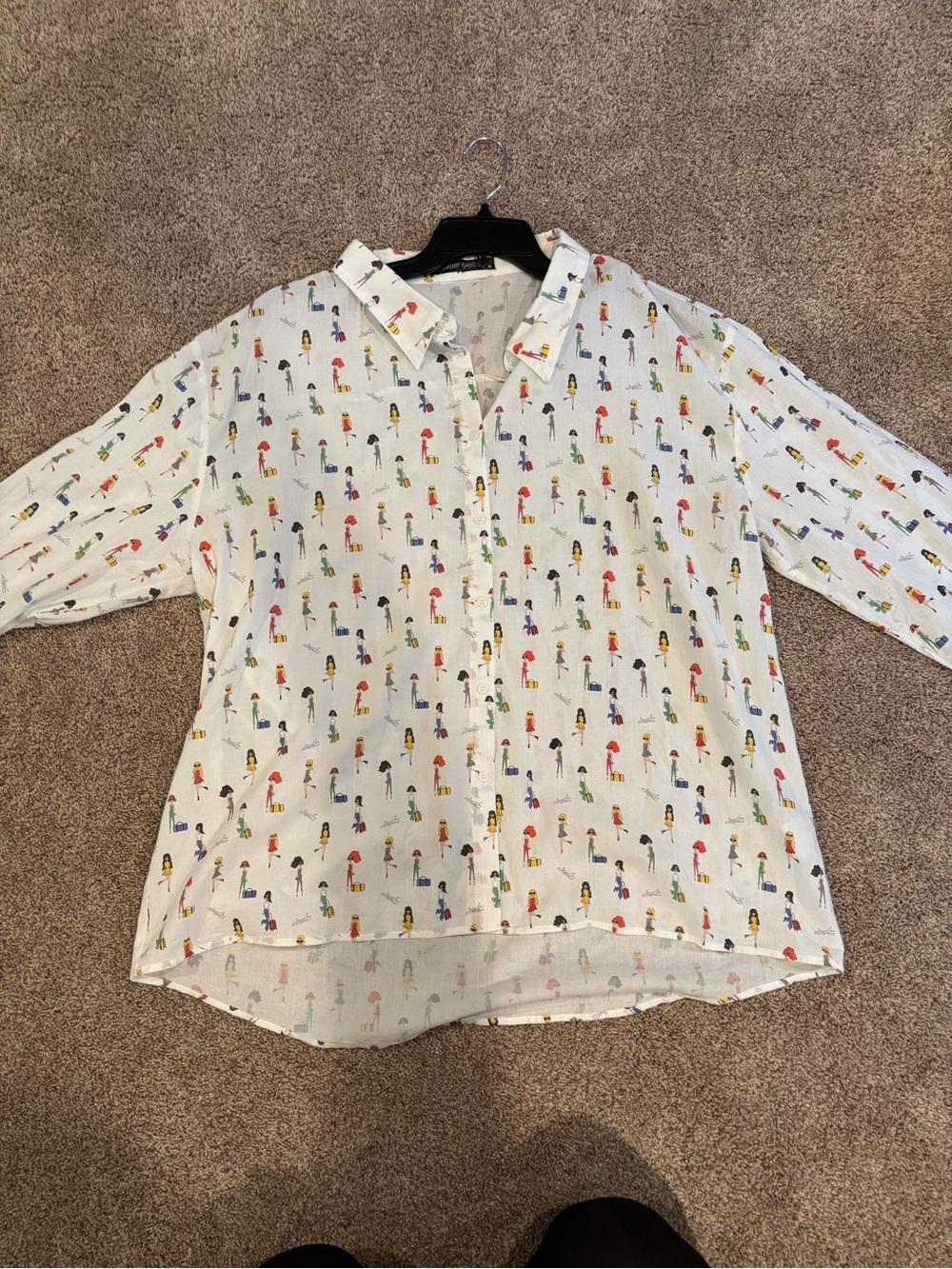 Gabby Isabella White Button-Down Shirt with Multicolor Doll Print